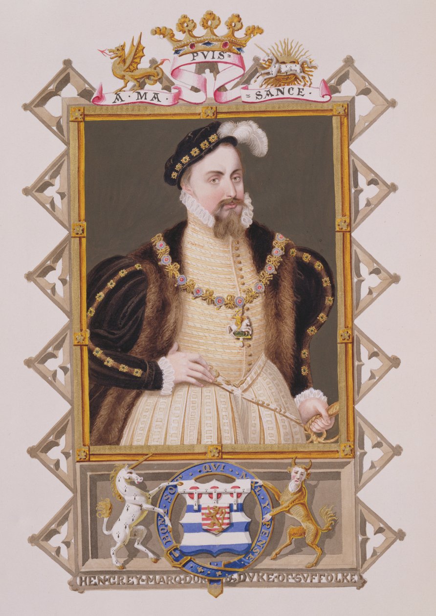 Henry Grayn (k. 1554) Suffolkin herttuan muotokuva Queen Elizabethin hovin muistelmista, julkaistu vuonna 1825 (wc ja guassi paperilla) tekijältä Sarah Countess of Essex