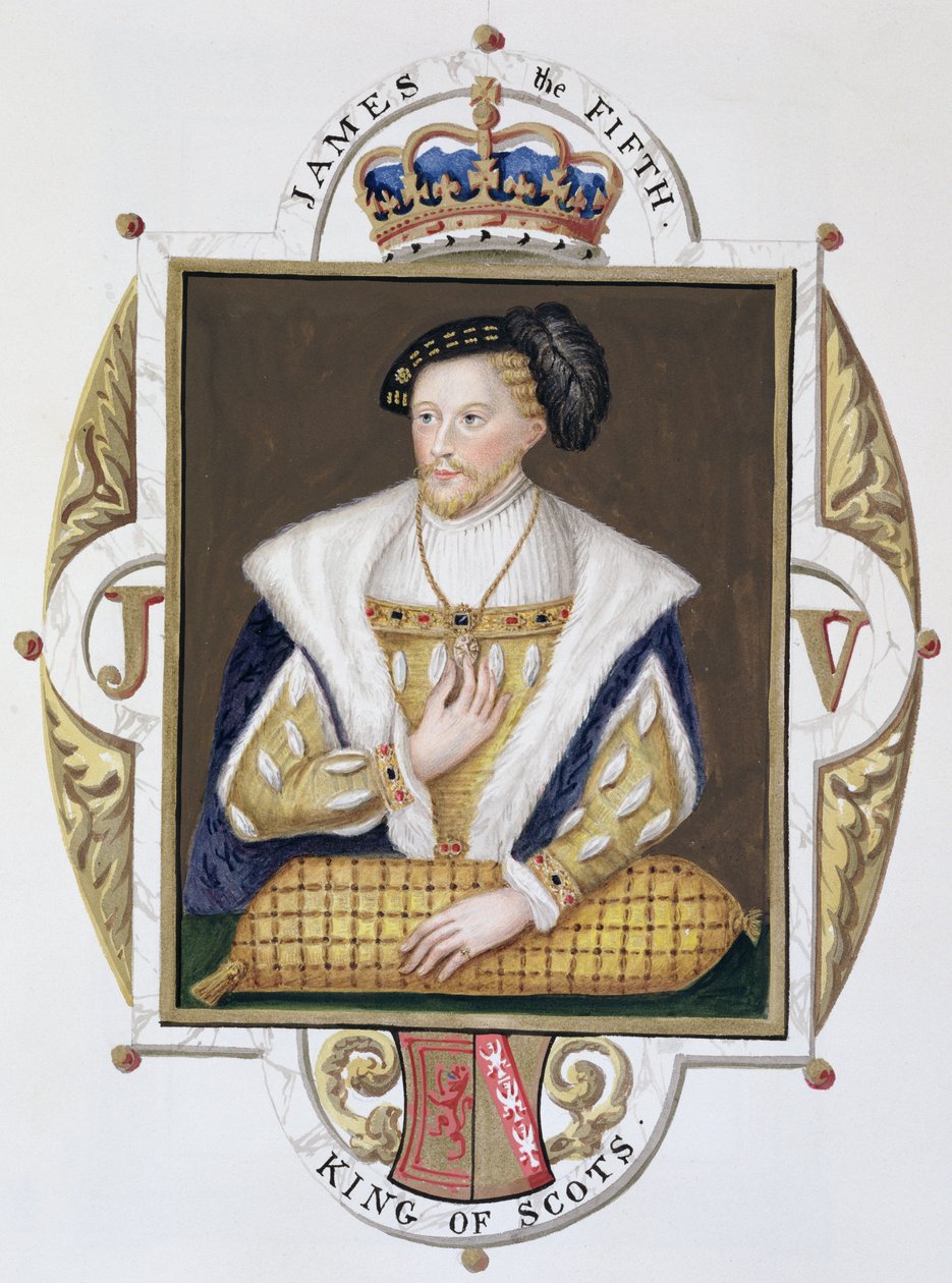 Skotlannin kuninkaan James V (1512-42) muotokuva vuonna 1825 julkaistusta "Memoirs of the Court of Queen Elizabethista" (wc ja guassi paperilla) tekijältä Sarah Countess of Essex