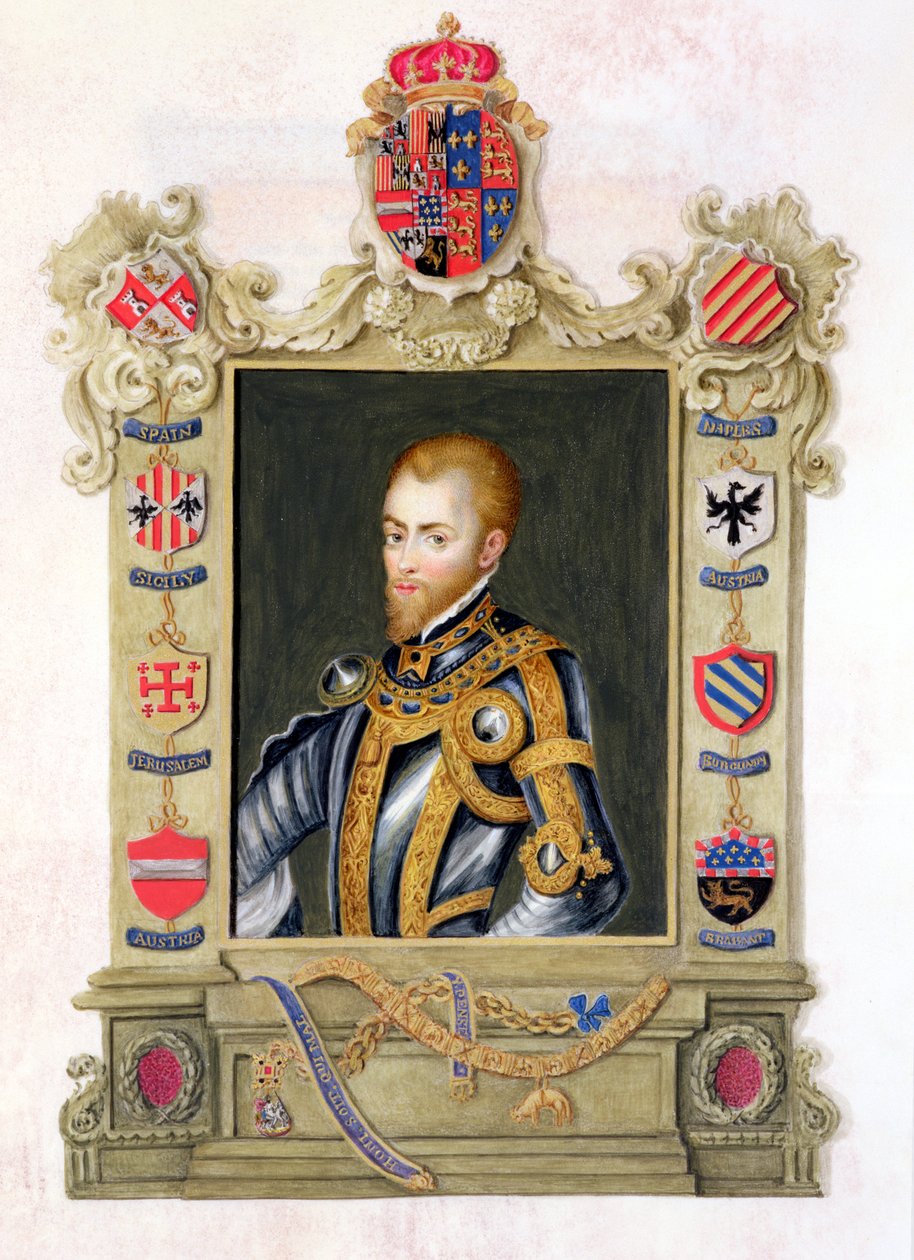 Muotokuva Philip II:sta Espanjan kuninkaan (1527-98) "Memoirs of the Court of Queen Elizabeth" -julkaisusta Titianin (n. 1488-1576) muotokuvan jälkeen, joka julkaistiin vuonna 1825 (wc ja guassi paperilla) tekijältä Sarah Countess of Essex