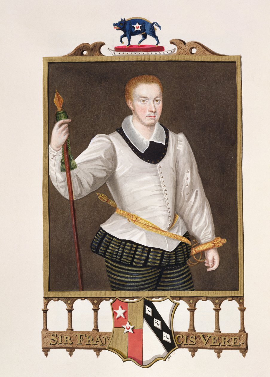 Sir Francis Veren (1560-1609) muotokuva vuonna 1825 julkaistusta teoksesta "Memoirs of the Court of Queen Elizabeth" (wc ja guassi paperille). tekijältä Sarah Countess of Essex