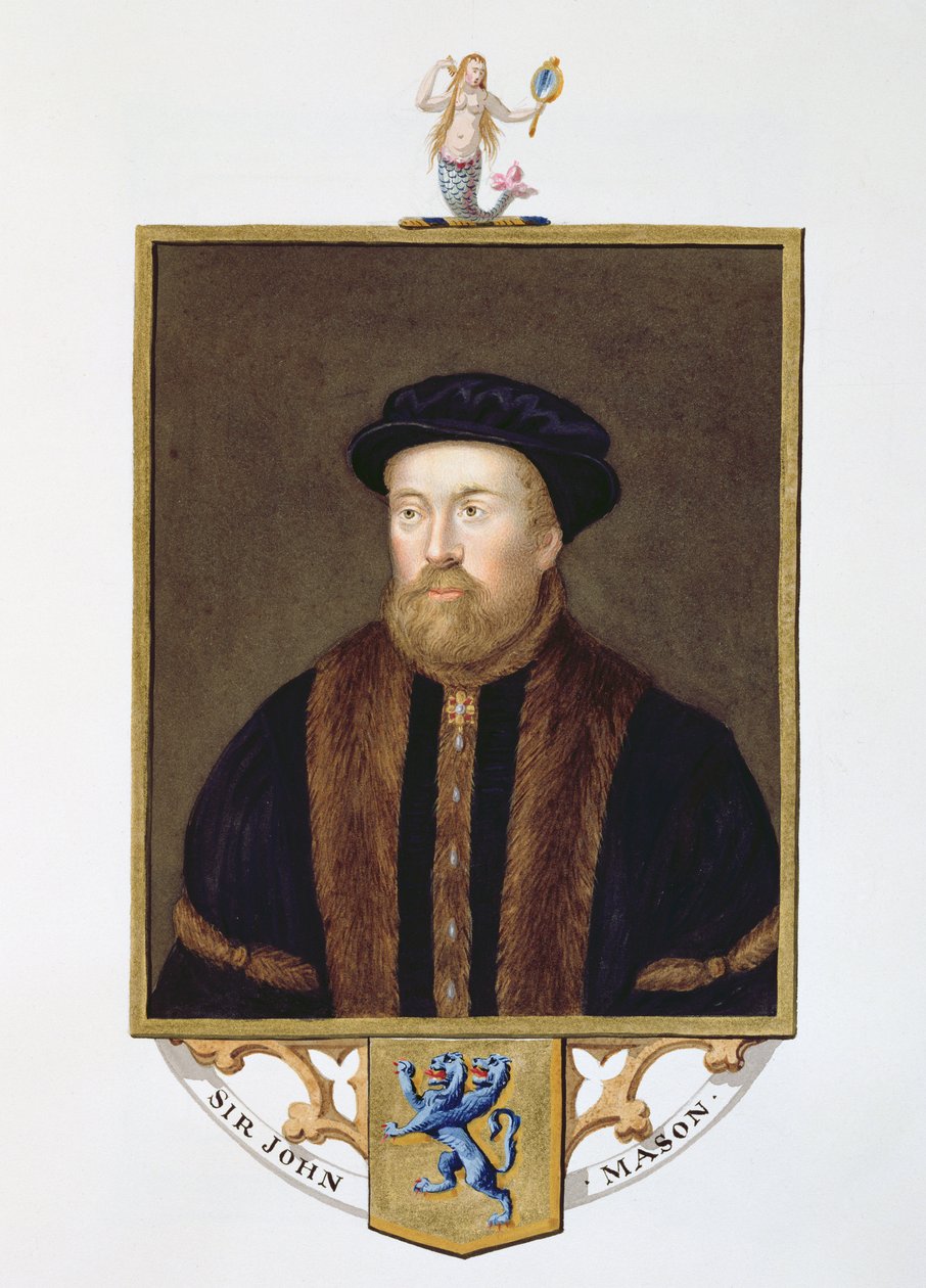 Sir John Masonin (1503-66) muotokuva vuonna 1825 julkaistusta teoksesta "Memoirs of the Court of Queen Elizabeth" (wc ja guassi paperille). tekijältä Sarah Countess of Essex