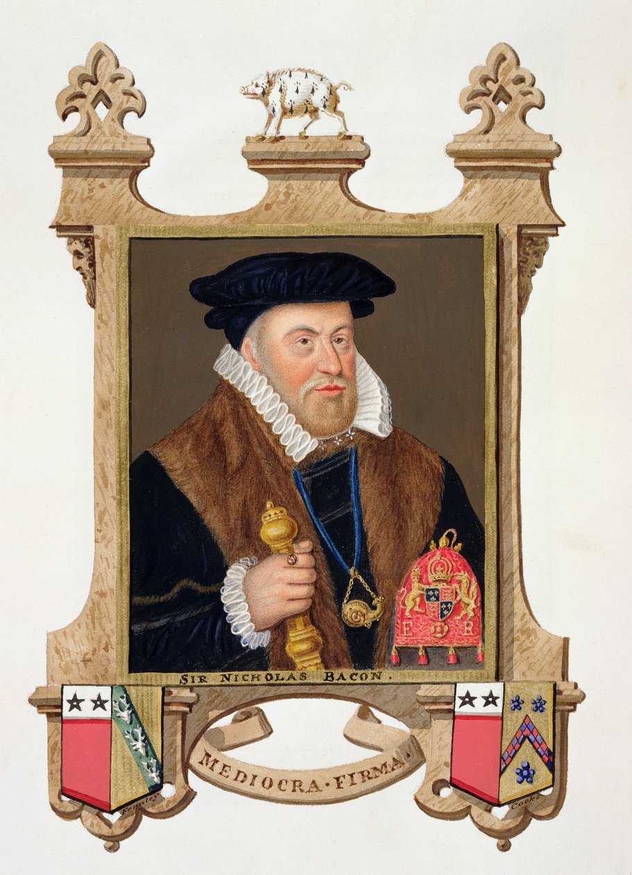 Sir Nicholas Baconin (1509-79) muotokuva vuonna 1825 julkaistusta Queen Elizabethin hovin muistelmista (wc ja guassi paperilla) tekijältä Sarah Countess of Essex