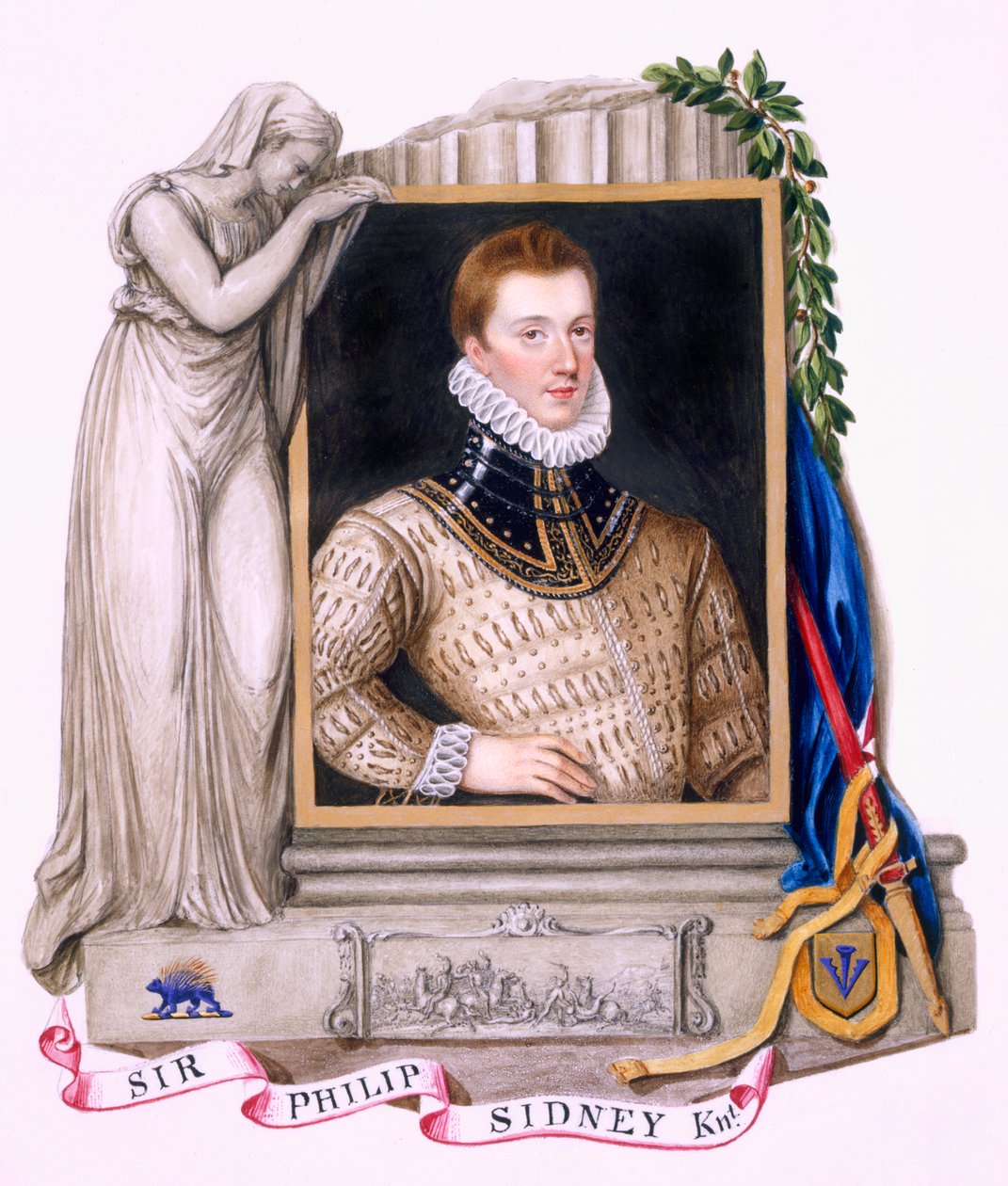 Sir Philip Sidneyn (1554-86) muotokuva vuonna 1825 julkaistusta "Memoirs of the Court of Queen Elizabethista" (wc ja guassi paperilla) tekijältä Sarah Countess of Essex
