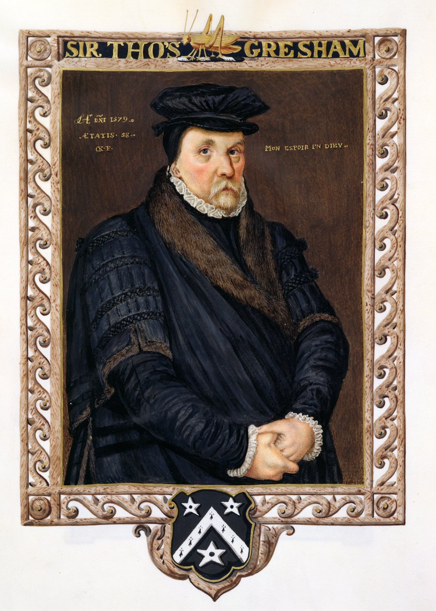 Muotokuva Sir Thomas Greshamista (n. 1519-1579) "Memoirs of the Court of Queen Elizabethista" Antonio Morin muotokuvan jälkeen, julkaistu vuonna 1825 (wc ja guassi paperilla) tekijältä Sarah Countess of Essex
