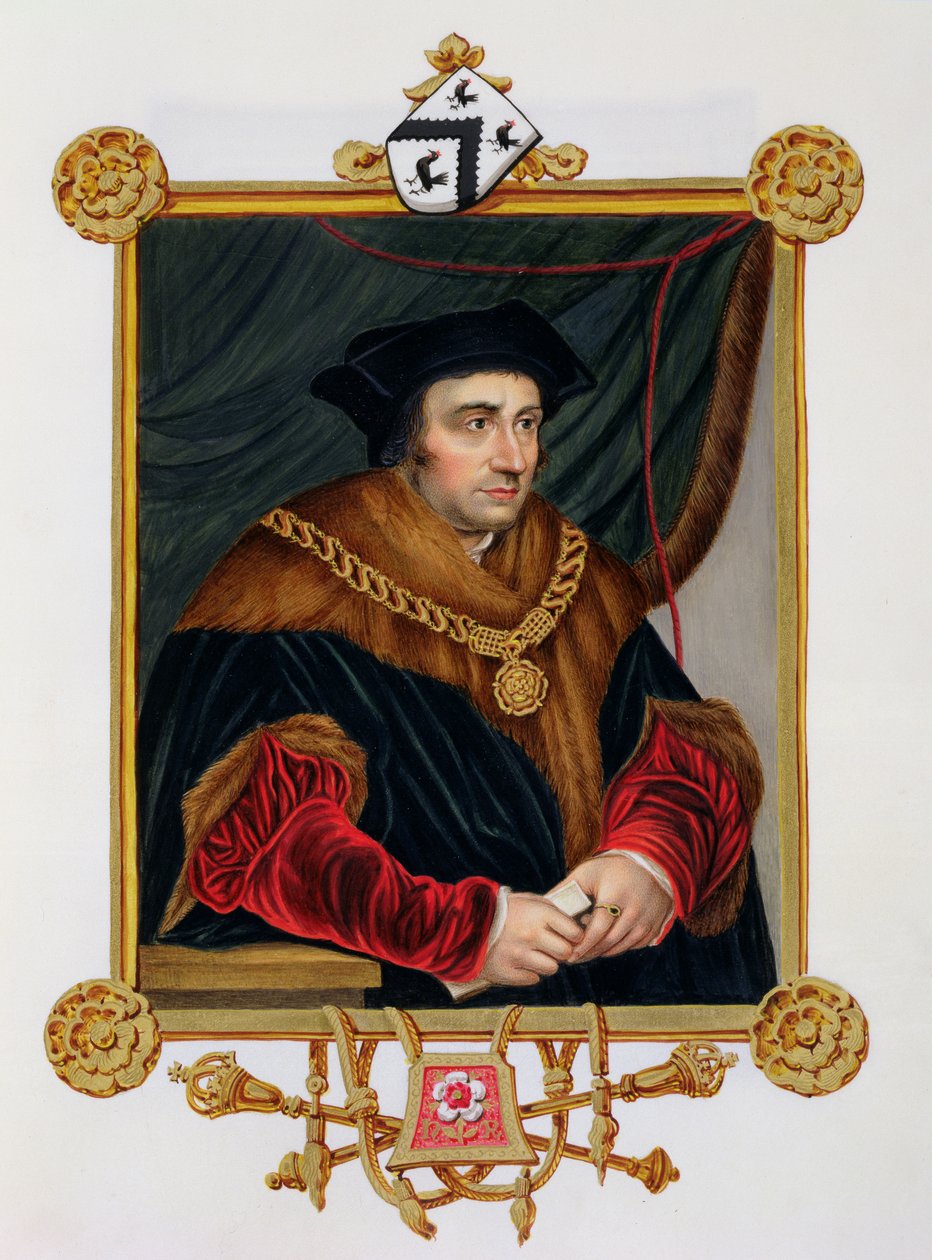 Sir Thomas Moren (1478-1535) muotokuva teoksesta "Memoirs of the Court of Queen Elizabeth", Hans Holbein nuoremman (1498-1543) muotokuvan mukaan, julkaistu vuonna 1825 (wc ja guassi paperille). tekijältä Sarah Countess of Essex