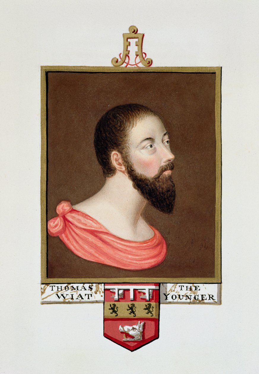 Muotokuva Sir Thomas Wyatt nuoremmasta (n. 1521-54) kirjasta "Memoirs of the Court of Queen Elizabeth", julkaistu vuonna 1825 (wc ja guassi paperilla) tekijältä Sarah Countess of Essex