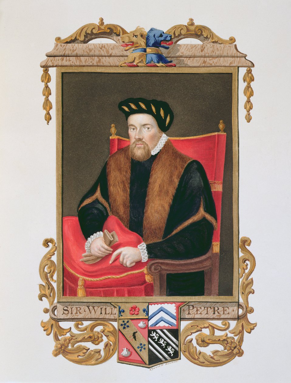 Sir William Petren (n. 1505-1572) muotokuva "Kuningatar Elisabetin hovin muistelmista" Steven de Meulenin (fl.1543-63) muotokuvan jälkeen, julkaistu vuonna 1825 (wc ja guassi paperilla) tekijältä Sarah Countess of Essex