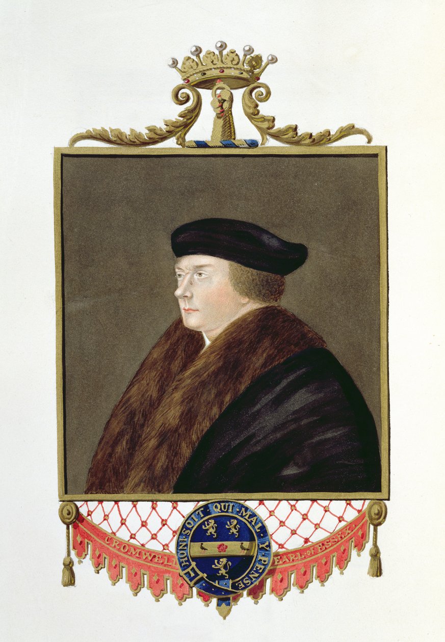 Thomas Cromwellin (n. 1485-1540) muotokuva Essexin ensimmäisestä jaarlista "Memoirs of the Court of Queen Elizabeth", julkaistu vuonna 1825 (wc ja guassi paperilla) tekijältä Sarah Countess of Essex