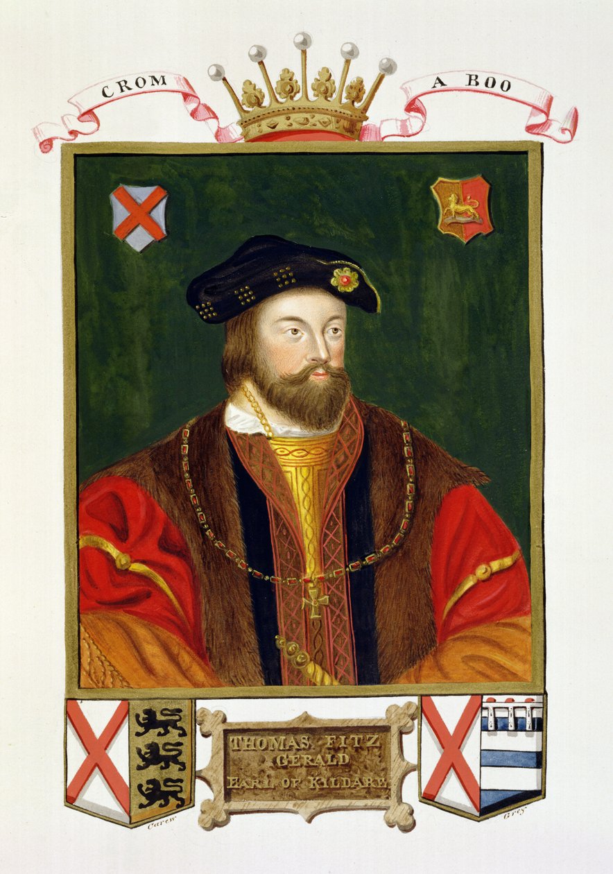 Thomas Fitzgeraldin (1513-37) muotokuva, Lord Offaly 10. Earl of Kildare kirjasta "Memoirs of the Court of Queen Elizabeth", julkaistu vuonna 1825 (wc ja guassi paperilla) tekijältä Sarah Countess of Essex