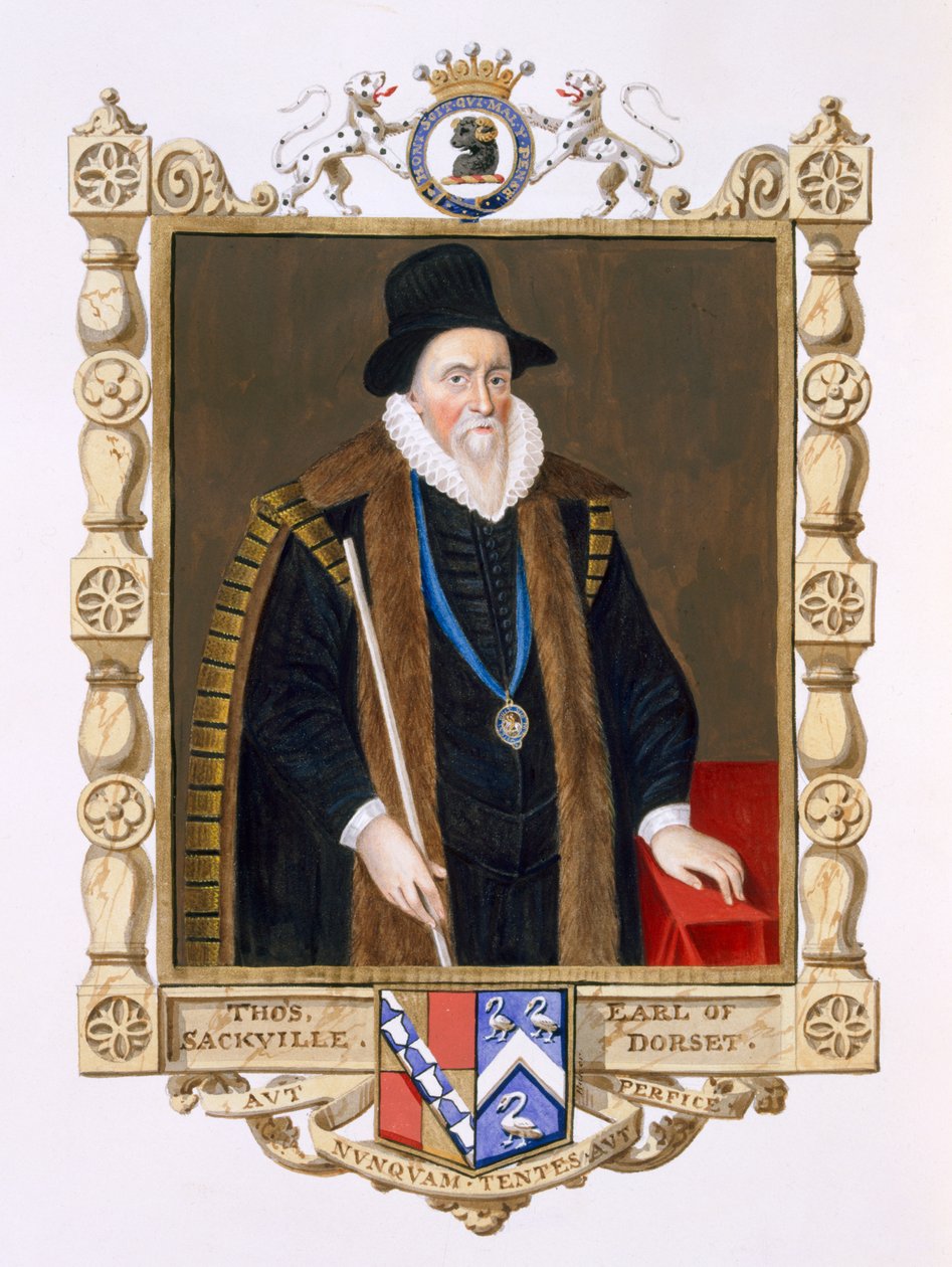 Muotokuva Thomas Sackvillestä (1536-1608) 1. Baron Buckhurst kirjasta "Kuningatar Elisabetin hovin muistelmat" John de Critz vanhemman (n. 1552-1642) muotokuvan jälkeen, joka julkaistiin vuonna 1825 (wc ja goua) tekijältä Sarah Countess of Essex