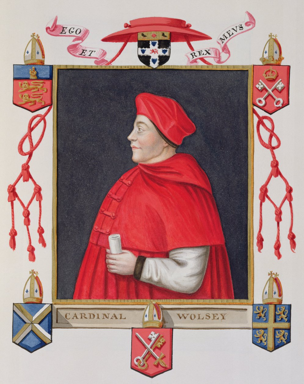 Kardinaalin ja valtiomiehen Thomas Wolseyn (n. 1475-1530) muotokuva vuonna 1825 julkaistusta "Kuningatar Elisabetin hovin muistelmista" (wc ja guassi paperilla) tekijältä Sarah Countess of Essex