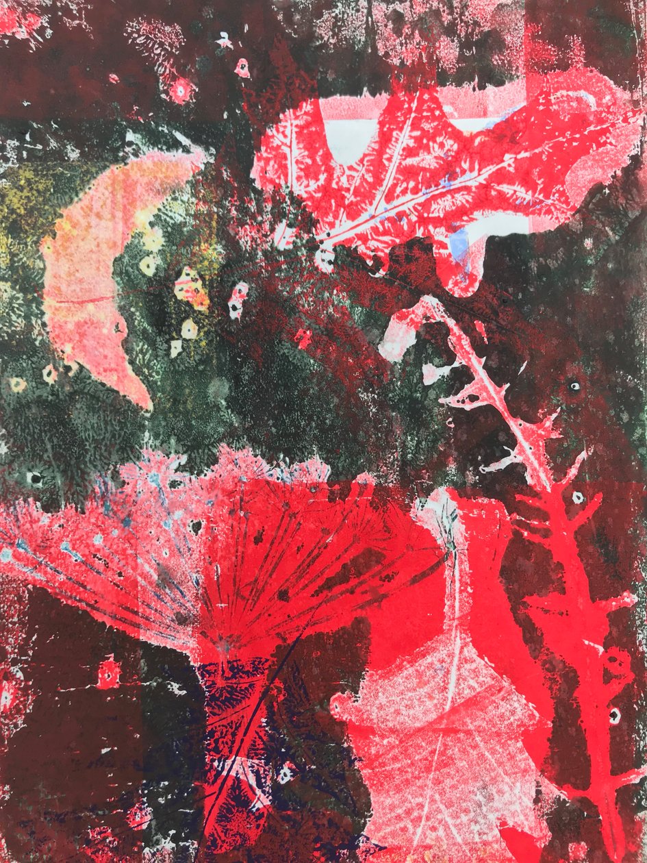 Punainen kuu (monoprintti paperille) tekijältä Sarah Thompson Engels