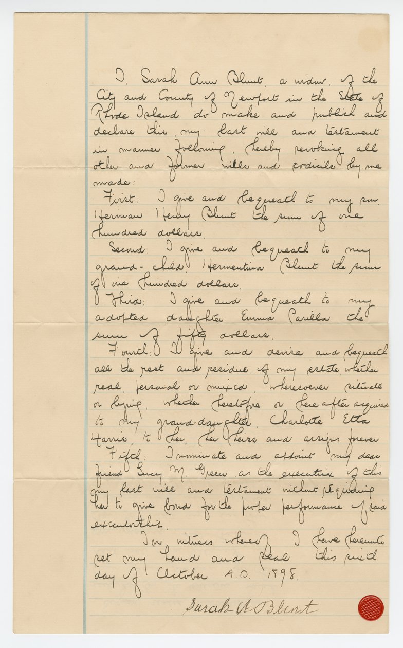 Sarah Ann Blunt Crozleyn viimeinen tahto ja testamentti, lokakuu 1898. tekijältä Sarah Ann Blunt Crozley