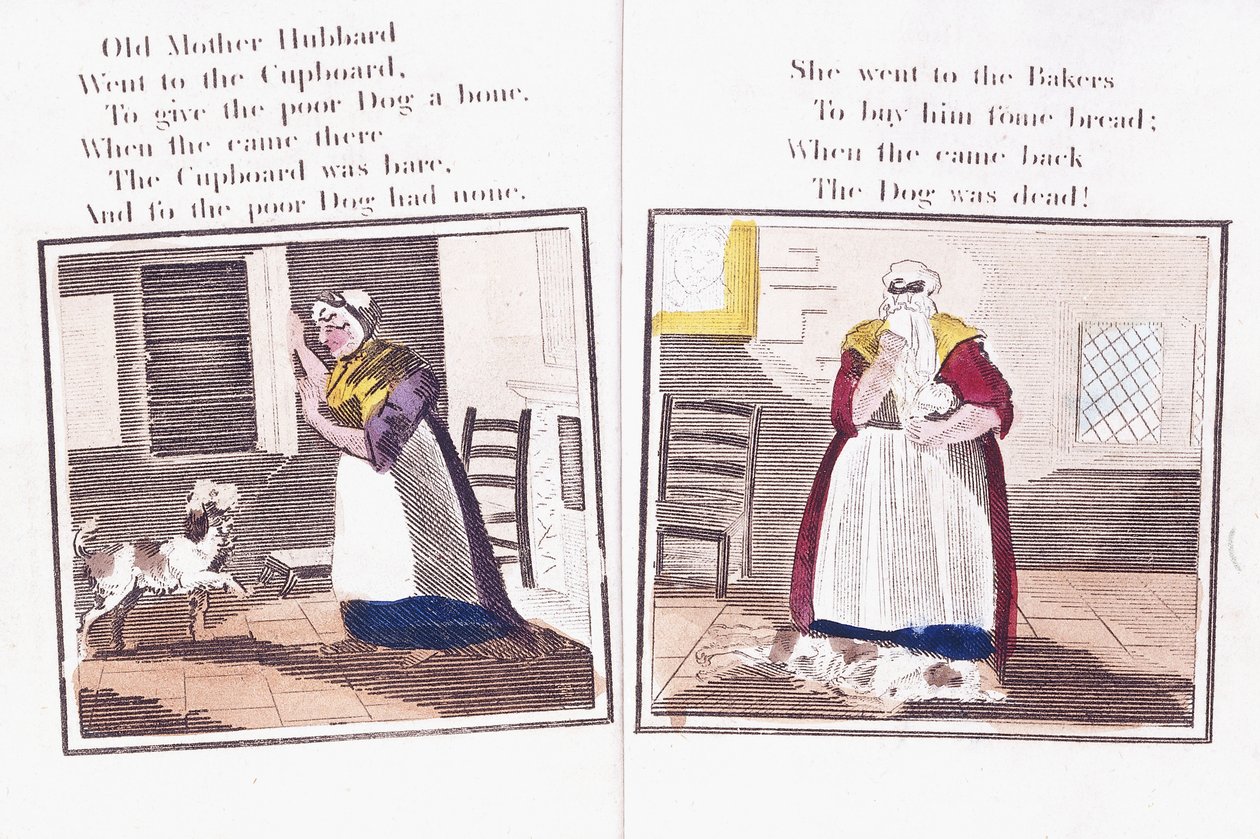 Kaksi sivua lorukirjasta "Vanhan äiti Hubbardin ja hänen koiransa sarjakuvat" tekijältä Sarah Catherine (after) Martin