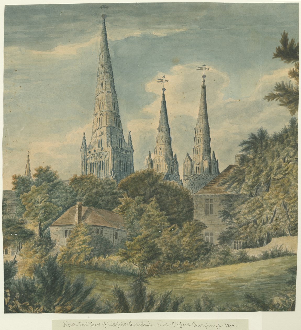 Lichfieldin katedraali - Koillisnäkymä: akvarellimaalaus, 1818 tekijältä Sarah Clifford Fernyhough