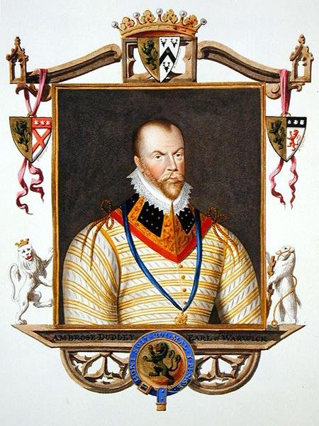 Ambrose Dudleyn muotokuva (n. 1528-15 90) Warwickin ensimmäinen jaarli kirjasta "Memoirs of the Court of Queen Elizabeth", julkaistu vuonna 1825 (akvarelli ja guassi paperille) tekijältä Sarah Countess of Essex