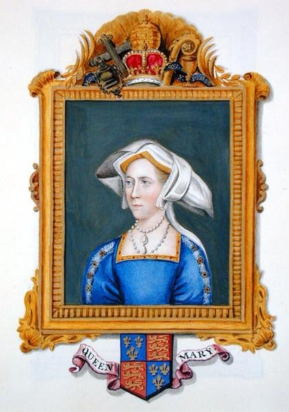 Muotokuva Anne Boleynista, jota kutsuttiin virheellisesti kuningatar Mariaksi vuonna 1825 julkaistusta teoksesta "Memoirs of the Court of Queen Elizabeth" (vesiväri ja guassi paperille). tekijältä Sarah Countess of Essex