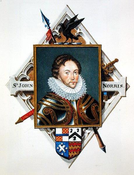 Kapteeni Sir John Norrisin (n. 1547–1597) muotokuva vuonna 1825 julkaistusta "Kuningatar Elisabetin hovin muistelmista" (akvarelli ja guassi paperille) tekijältä Sarah Countess of Essex