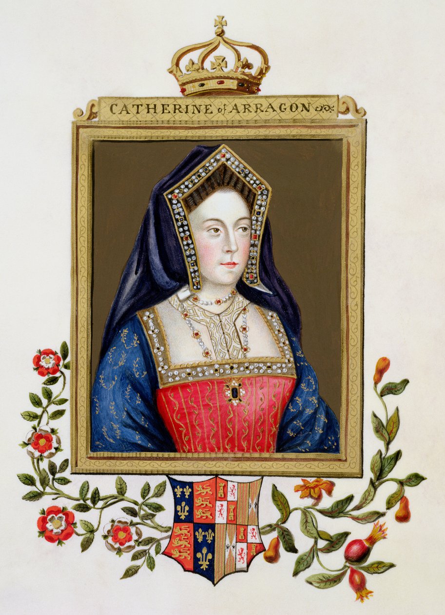 Muotokuva Katariinasta Aragoniasta (1485-1536) Henrik VIII:n 1. kuningattaresta "Kuningatar Elisabetin hovin muistelmista", julkaistu vuonna 1825 (wc ja guassi paperilla) tekijältä Sarah Countess of Essex