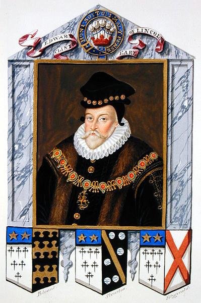Muotokuva Edward Fiennes de Clintonista (1512-85), 1. Earl of Lincoln kirjasta "Memoirs of the Court of Queen Elizabeth", julkaistu vuonna 1825 (akvarelli ja guassi paperille) tekijältä Sarah Countess of Essex