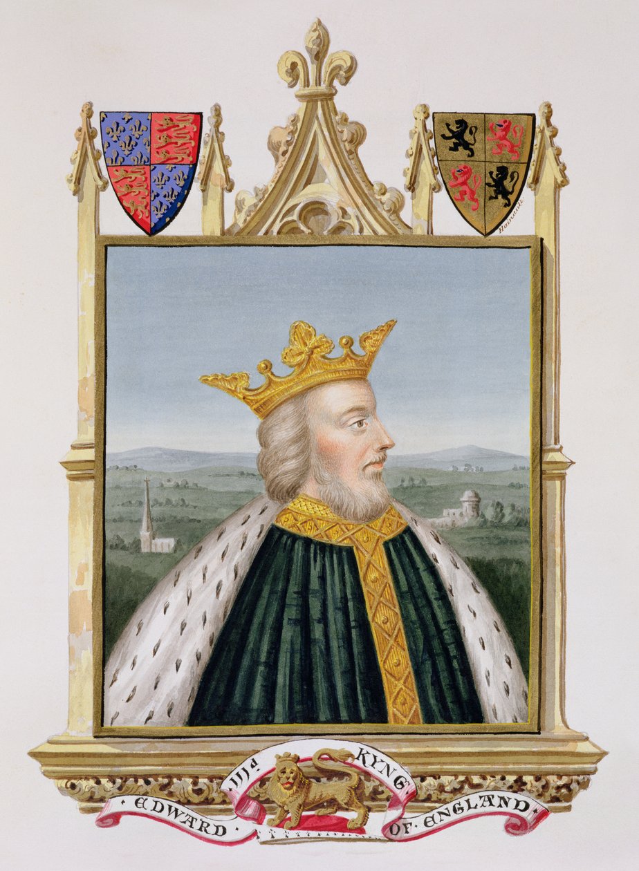 Muotokuva Edward III:sta (1312-77) Englannin kuninkaan vuodelta 1327 kirjasta "Memoirs of the Court of Queen Elizabeth", julkaistu vuonna 1825 (wc ja guassi paperilla) tekijältä Sarah Countess of Essex