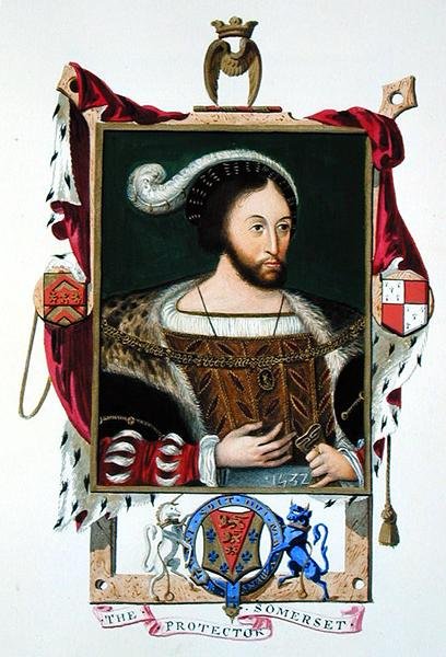 Edward Seymourin (n. 1506–1552) muotokuva, Edward VI:n lordi Protector ja Somersetin herttua "Kuningatar Elisabetin hovin muistelmista", julkaistu vuonna 1825 (akvarelli ja guassi paperille) tekijältä Sarah Countess of Essex
