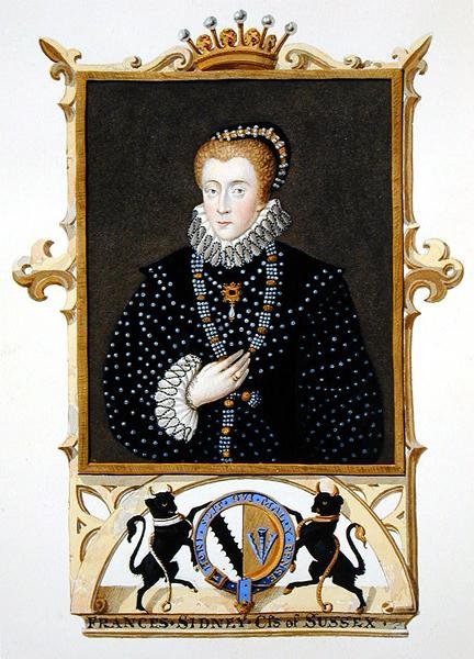 Muotokuva Frances Sidneystä (k.1589) Sussexin kreivitär kirjasta "Kuningatar Elisabetin hovin muistelmat" Stephen van der Meulenin (1632-1690) vuonna 1825 julkaistun muotokuvan jälkeen (akvarelli ja guassi paperille) tekijältä Sarah Countess of Essex