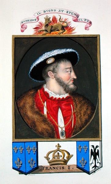 François I:n Ranskan kuninkaan (1494-1547) muotokuva "Kuningatar Elisabetin hovin muistelmista" Titianin (n. 1488-1576) muotokuvan jälkeen, joka julkaistiin vuonna 1825 (akvarelli ja guassi paperille) tekijältä Sarah Countess of Essex