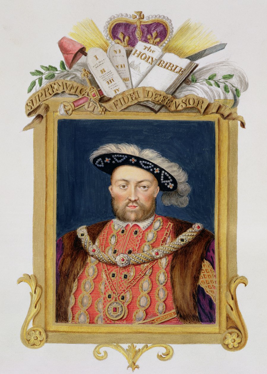 Muotokuva Henry VIII:sta (1491-1547) uskon puolustajana "Kuningatar Elisabetin hovin muistelmista" Hampton Courtissa Hans Holbeinin (14978-1543) freskon mallin mukaisen muotokuvan jälkeen, julkaise tekijältä Sarah Countess of Essex