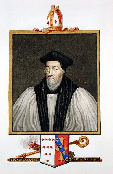 Worcesterin piispan Hugh Latimerin (s. 1486-1555) muotokuva vuonna 1825 julkaistusta Queen Elizabethin hovin muistelmista (akvarelli ja guassi paperille) tekijältä Sarah Countess of Essex