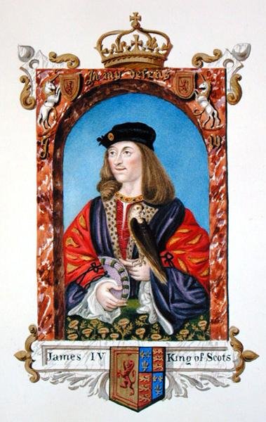 Skotlannin Jaakko IV:n (1473-1513) muotokuva vuonna 1825 julkaistusta teoksesta "Memoirs of the Court of Queen Elizabeth" (vesiväri ja guassi paperille). tekijältä Sarah Countess of Essex