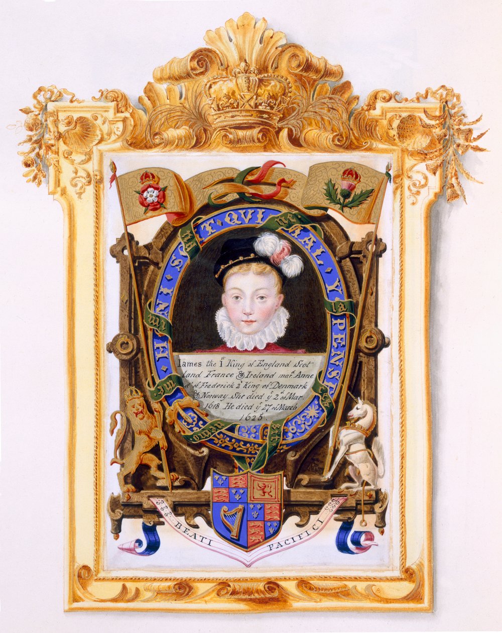 Muotokuva James VI:sta Skotlannista (1566-1625) Myöhemmin Englannin James I poikana n. 1574 julkaisusta "Memoirs of the Court of Queen Elizabeth", joka julkaistiin vuonna 1825 (wc ja guassi paperilla) tekijältä Sarah Countess of Essex