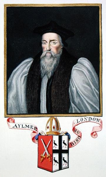 Lontoon piispan John Aylmerin (1521-94) muotokuva vuonna 1825 julkaistusta "Memoirs of the Court of Queen Elizabethista" (akvarelli ja guassi paperille) tekijältä Sarah Countess of Essex