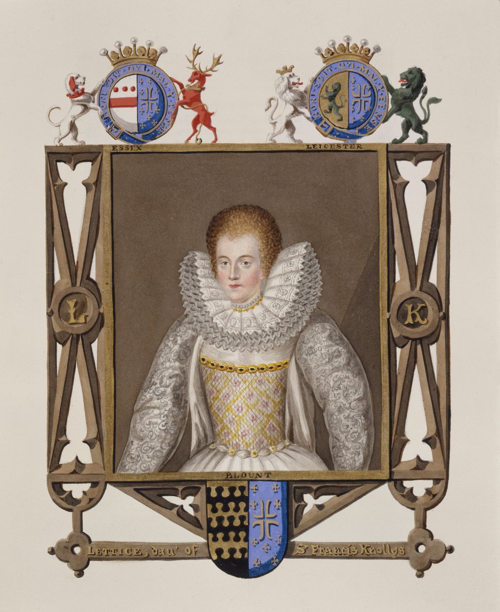 Lettice Knollysin (n. 1541-1634) muotokuva Sir Francis Knollysin tyttärestä Queen Elizabethin hovin muistelmista, julkaistu vuonna 1825 (wc ja guassi paperilla) tekijältä Sarah Countess of Essex