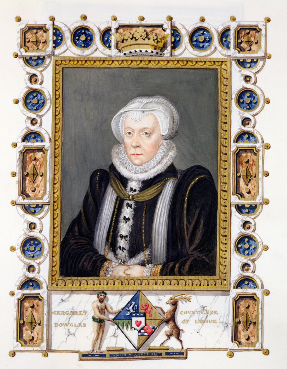 Muotokuva Margaret Douglasista (1515-78) Lennoxin kreivitär kirjasta "Memoirs of the Court of Queen Elizabeth", julkaistu vuonna 1825 (wc ja guassi paperilla) tekijältä Sarah Countess of Essex