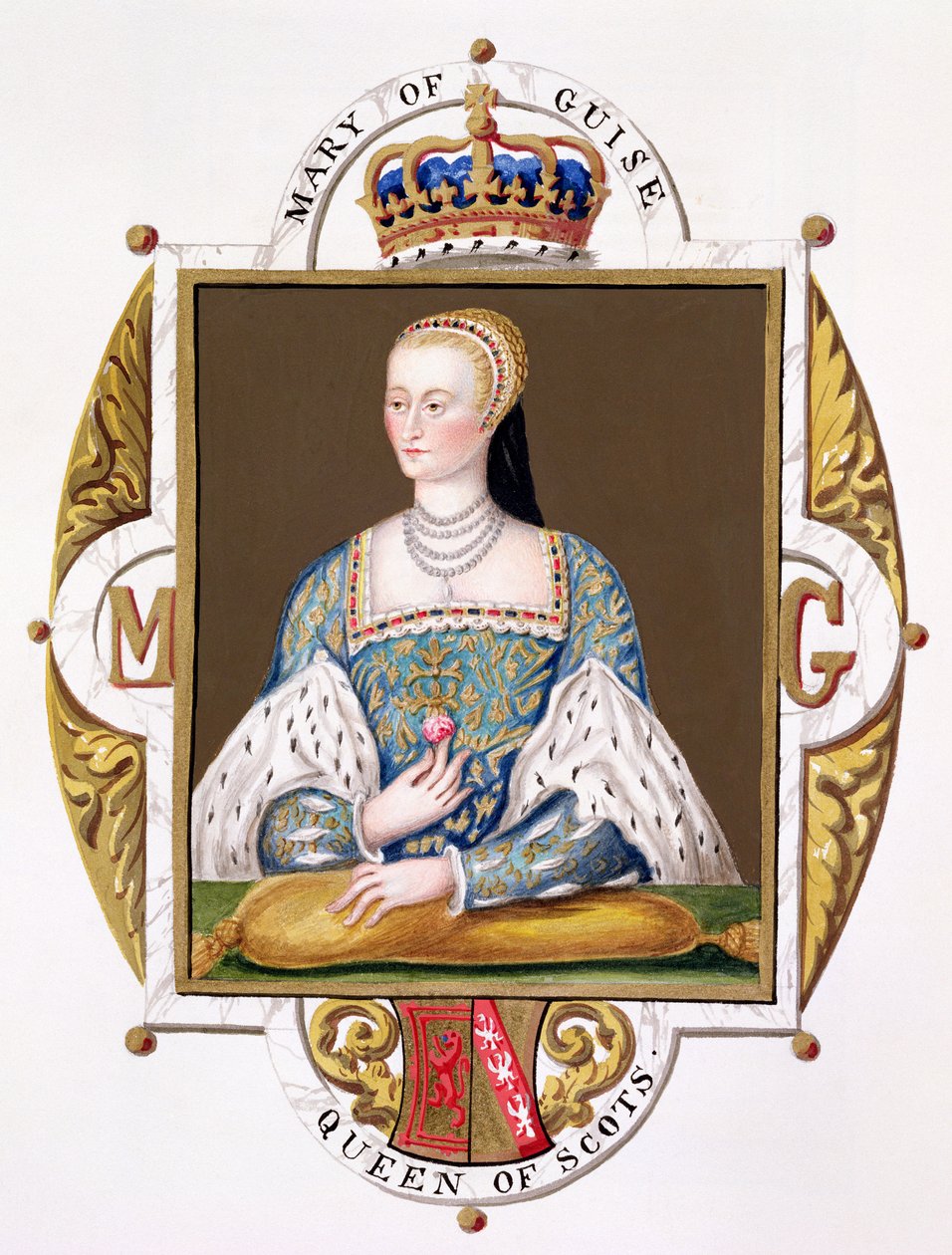 Skotlannin kuningattaren Mary of Guisen (1515-60) muotokuva vuonna 1825 julkaistusta "Memoirs of the Court of Queen Elizabethista" (wc ja guassi paperilla) tekijältä Sarah Countess of Essex