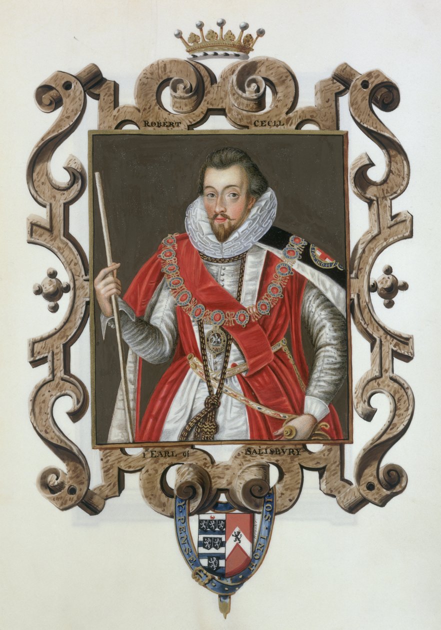 Muotokuva Robert Cecilistä (1563-1612) 1. Earl of Salisbury kirjasta "Memoirs of the Court of Queen Elizabeth", julkaistu vuonna 1825 (wc ja guassi paperilla) tekijältä Sarah Countess of Essex