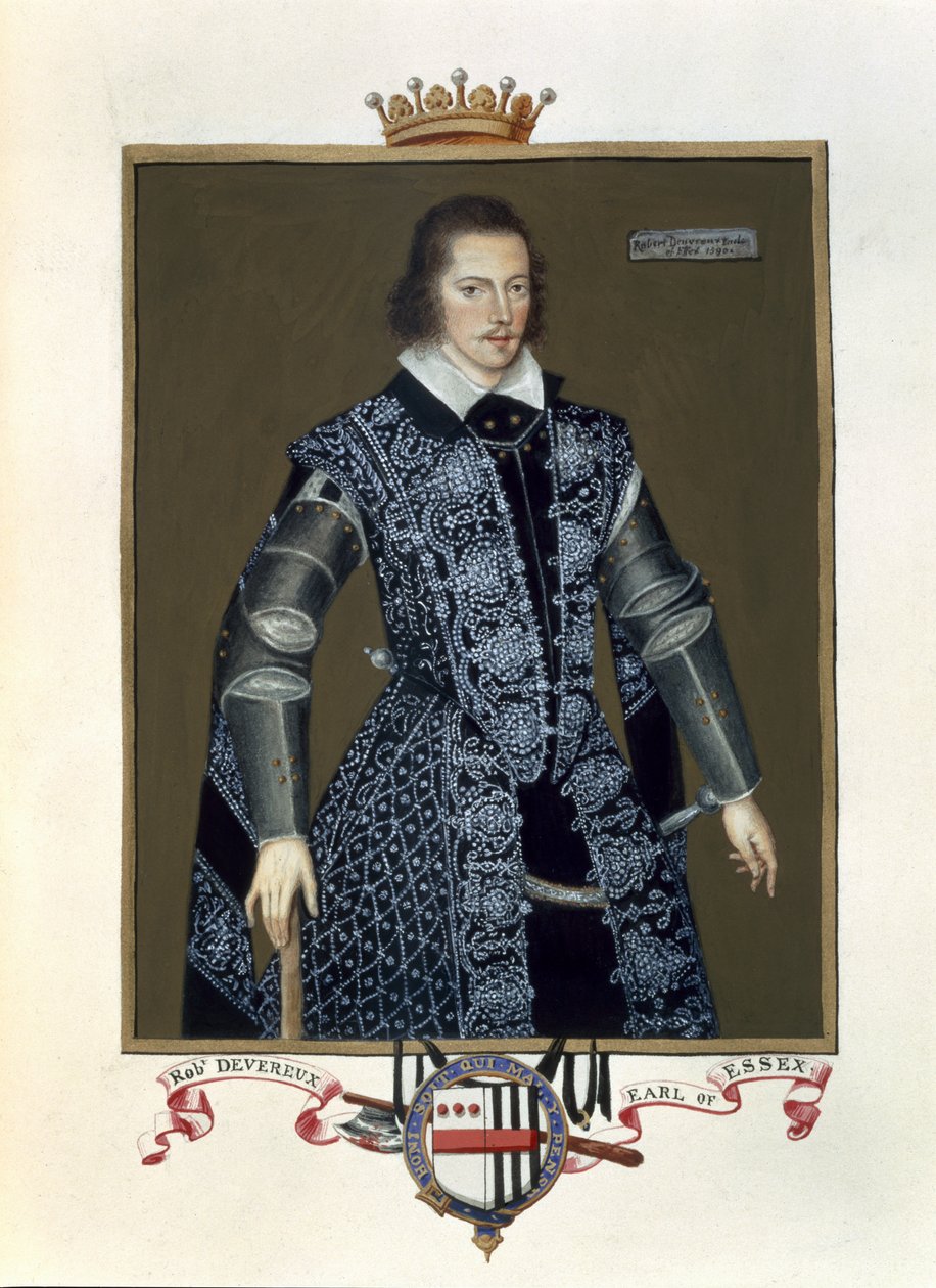 Robert Devereuxin (1566-1601) 2. Essexin jaarlin muotokuva Kuningatar Elisabetin hovin muistelmista Sir William Segarin (k.1913-d.1633) vuonna 1825 julkaistun öljyvärityön mukaan (wc ja guassi paperille). tekijältä Sarah Countess of Essex