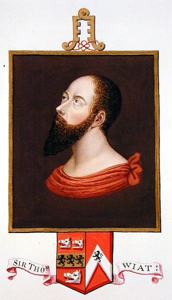 Sir Thomas Wyatt vanhemman (n. 1503-1542) muotokuva julkaisusta "Kuningatar Elisabetin hovin muistelmat" Hans Holbein nuoremman (n. 1485-1543) paneelin mukaan, julkaistu vuonna 1825 (akvarelli ja guassi päällä) paperi) tekijältä Sarah Countess of Essex