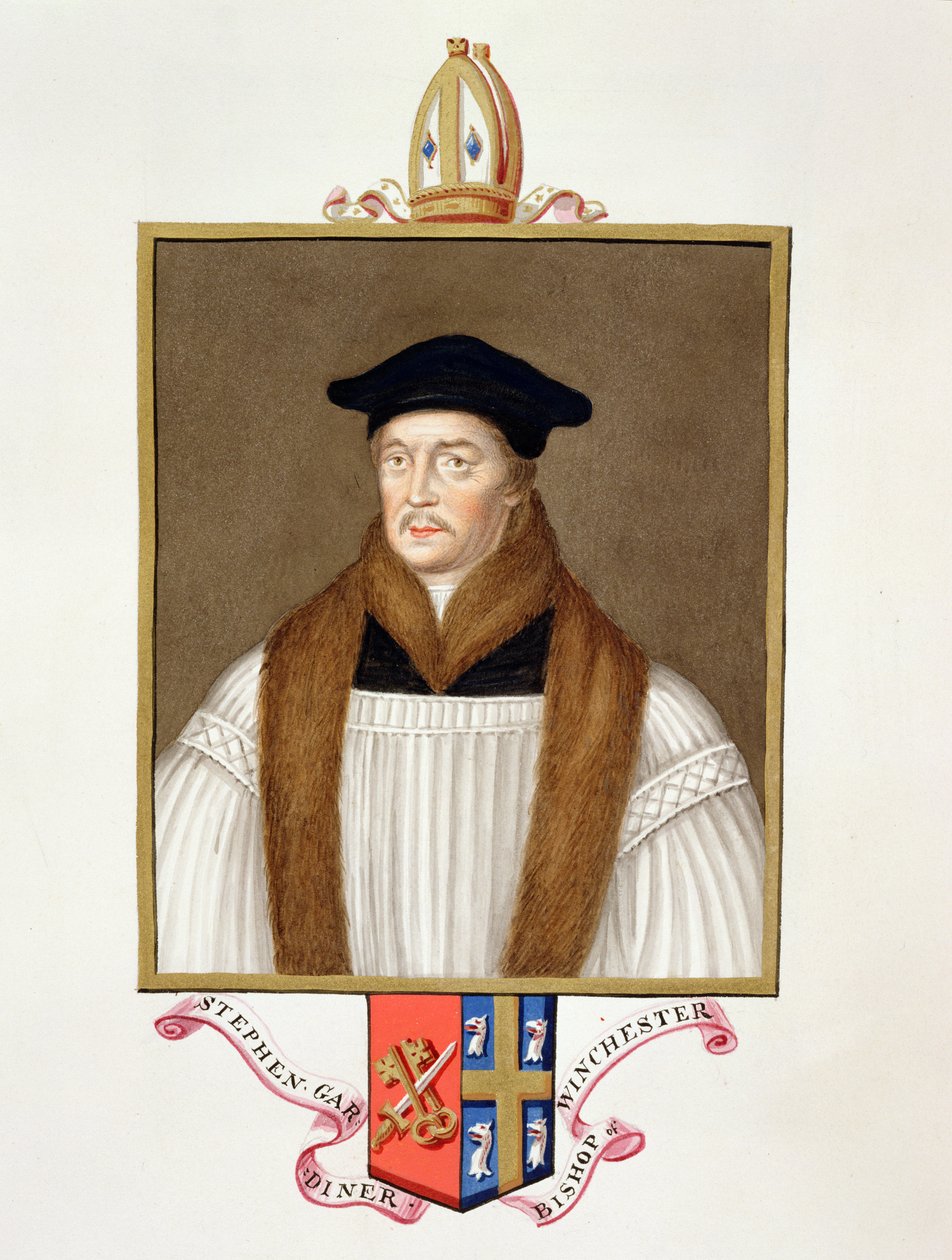 Stephen Gardinerin (n. 1483-1555) muotokuva Winchesterin piispan kirjasta "Memoirs of the Court of Queen Elizabeth", julkaistu vuonna 1825 (wc ja guassi paperilla) tekijältä Sarah Countess of Essex