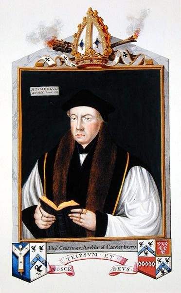 Canterburyn arkkipiispan Thomas Cranmerin (1489-1556) muotokuva vuonna 1825 julkaistusta "Memoirs of the Court of Queen Elizabethista" (akvarelli ja guassi paperille) tekijältä Sarah Countess of Essex