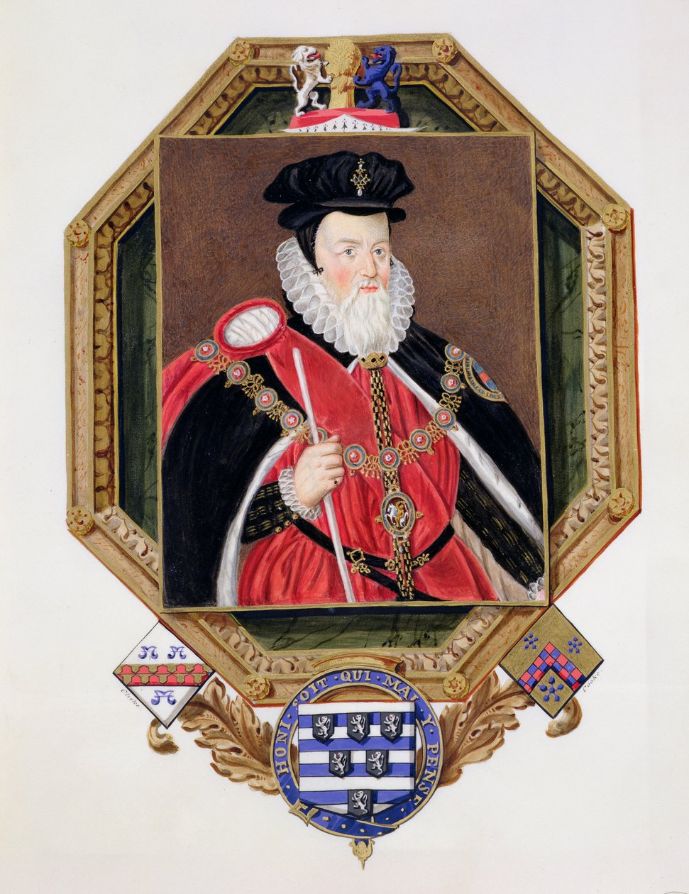 William Cecilin (1520-98) 1. paroni Burghleyn muotokuva kuningatar Elisabetin hovin muistelmista, Marcus Gheeraerts nuoremman (n.1561-1635) vuonna 1825 julkaistun kuvan mukaan (wc ja guassi o tekijältä Sarah Countess of Essex