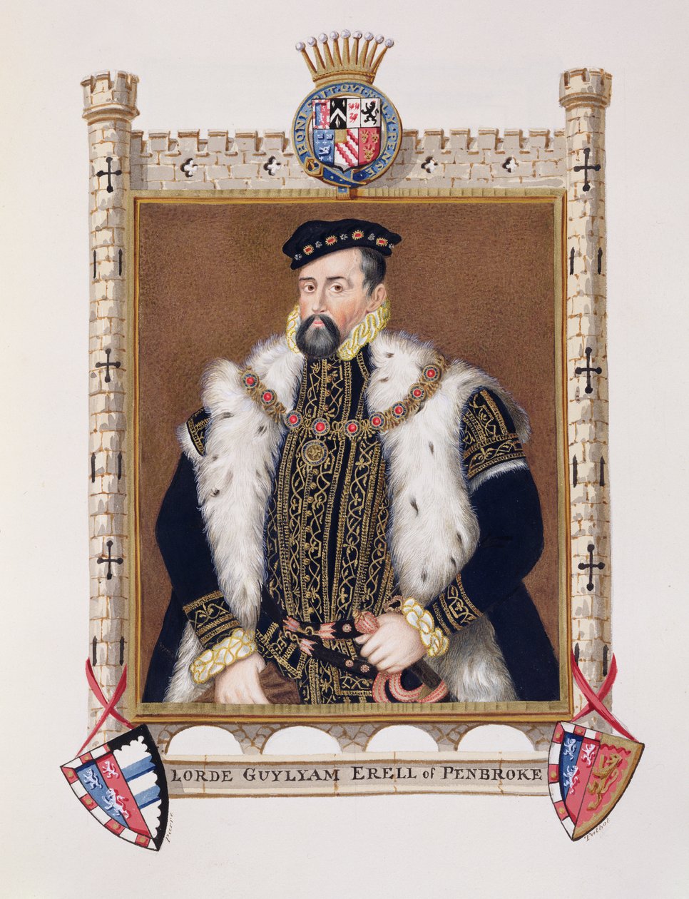 Muotokuva William Herbertistä (n. 1506-70) 1. Earl of Pembroke kirjasta "Memoirs of the Court of Queen Elizabeth", julkaistu vuonna 1825 (wc ja guassi paperilla) tekijältä Sarah Countess of Essex