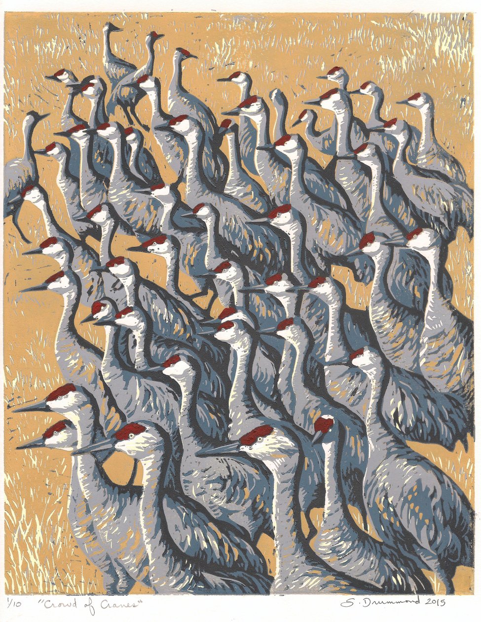 Crowd of Cranes, 2015 (Linoleikkaus) tekijältä Sarah Drummond