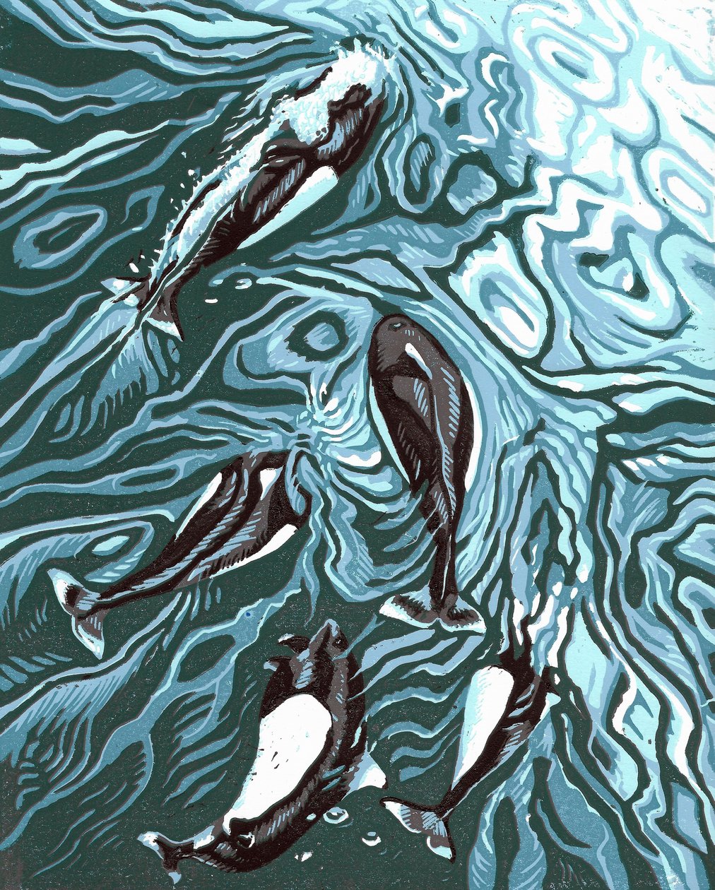 Wake Riders, 2016 (Linoleikkaus) tekijältä Sarah Drummond