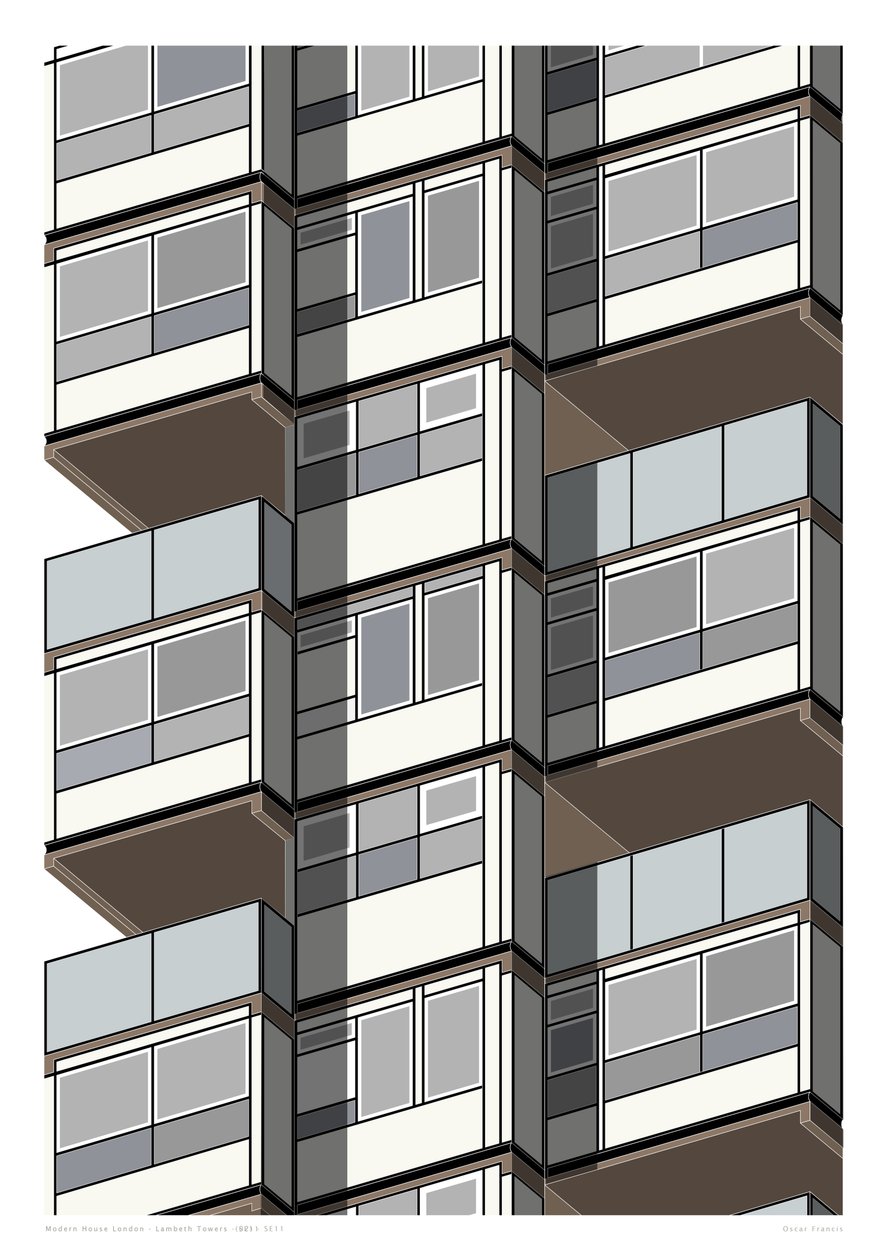 Lambeth Towers_Sepia, 2015 (grafiikan giclee-vedos) tekijältä Sarah Evans