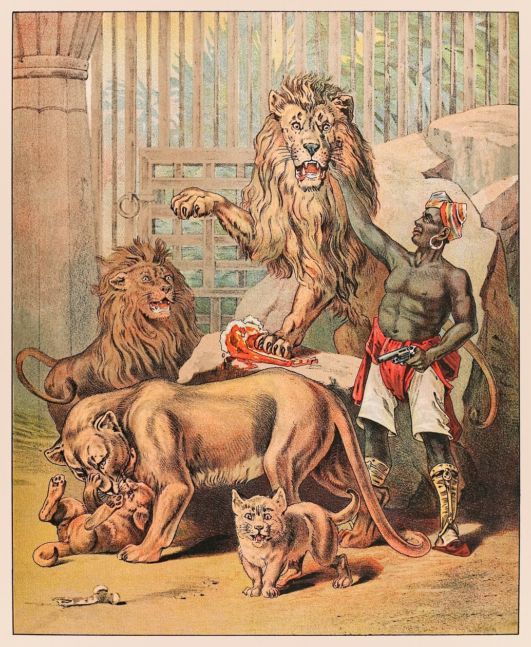 Esiintyvät leijonat ohjaajansa kanssa Barnum & Bailey Circusissa vuonna 1888 julkaistusta P.T. Barnum