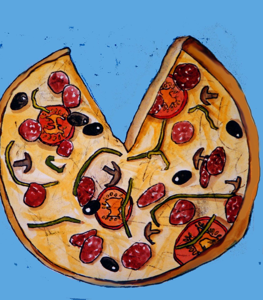 Pizza, 2017,(monoprintti musteilla) tekijältä Sarah Thompson Engels