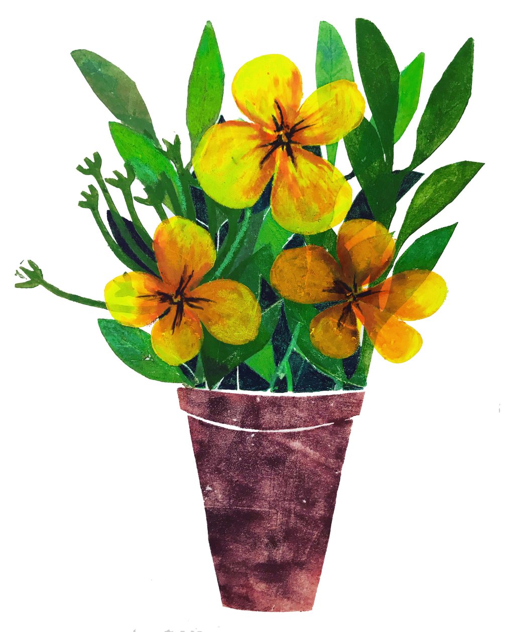 Keltainen ruukku, 2019, (monoprintti) tekijältä Sarah Thompson Engels