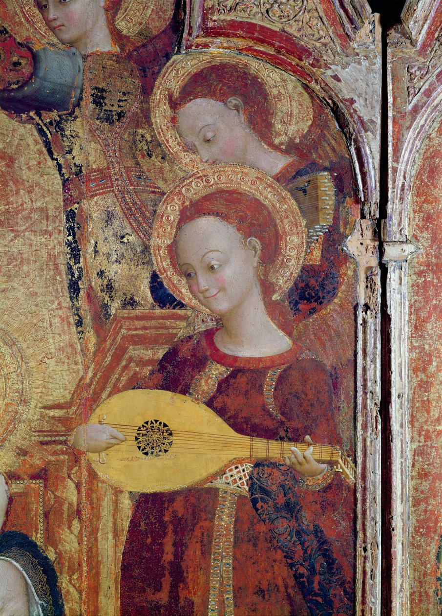 Yksityiskohta enkelimuusikoista maalauksesta Neitsyt ja lapsi kuuden enkelin ympäröimänä, 1437-44 (öljy ja kulta puulle) tekijältä Stefano Sassetta